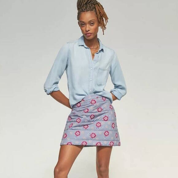 New Anthropologie Carleen Floral Quilted Mini Skirt $227 SMALL Blue - Picture 1 of 3